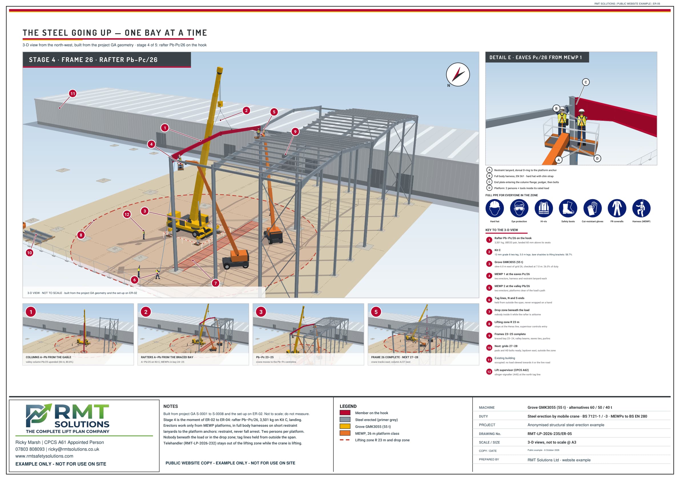 RMT steel erection lift plan drawing showing a crane and steel building frame in three dimensions