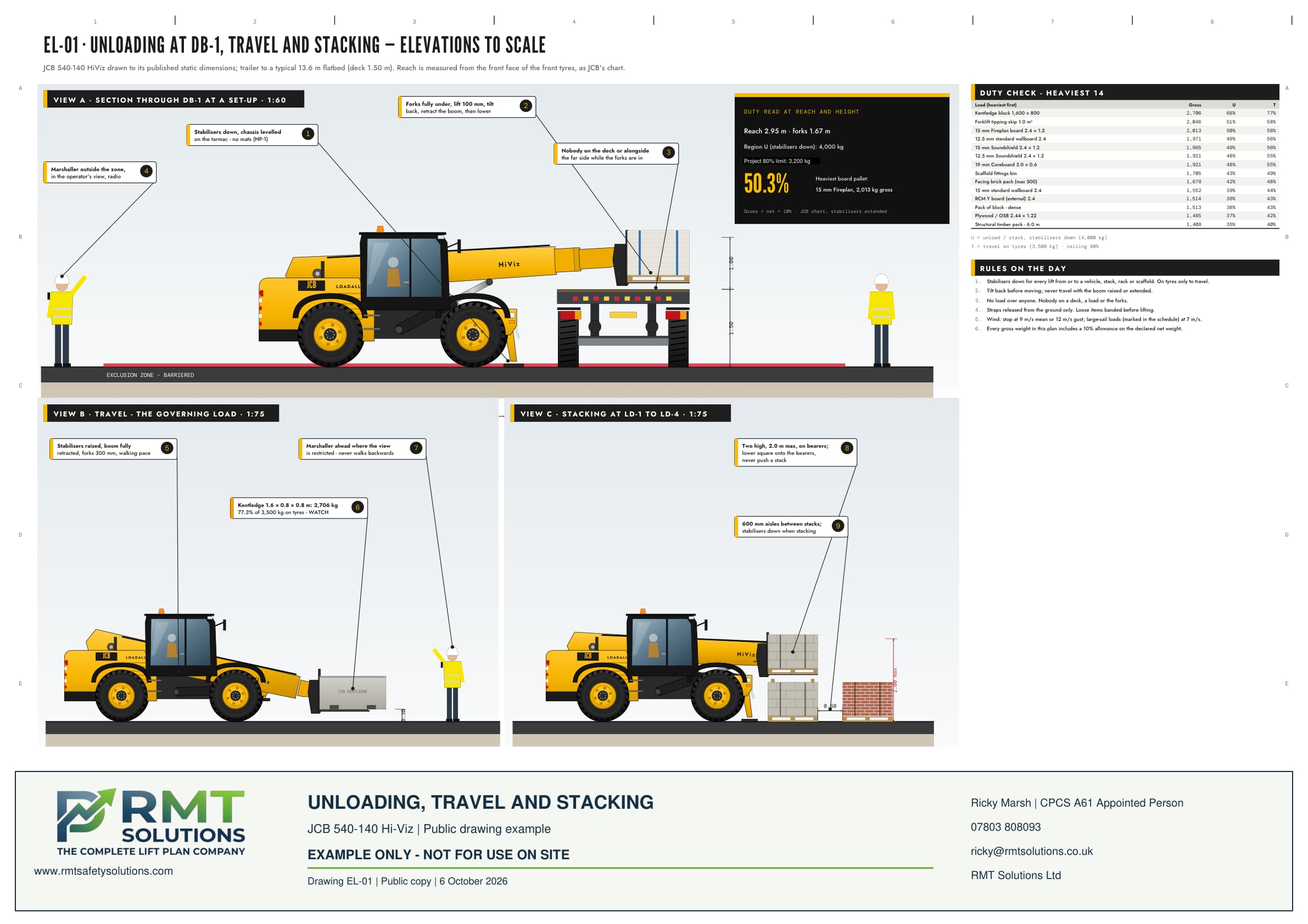 RMT JCB 540-140 telehandler drawing showing trailer unloading, low travel and stacking arrangements