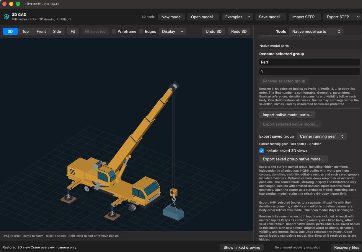 Screenshot of LiftDraft, RMT Solutions' own 2D and 3D CAD software, showing a 3D model of a mobile crane on outrigger mats lifting a load on four-leg slings